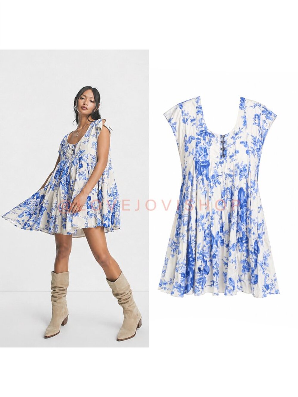 Boho Romantic | Free People Corset Babydoll Mini Dress Blue Floral Cotton | S